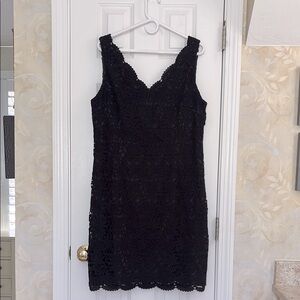 Ann Taylor Vintage Elegant Black Lace Dress with Lace Edge Deep V-Neckline. EUC